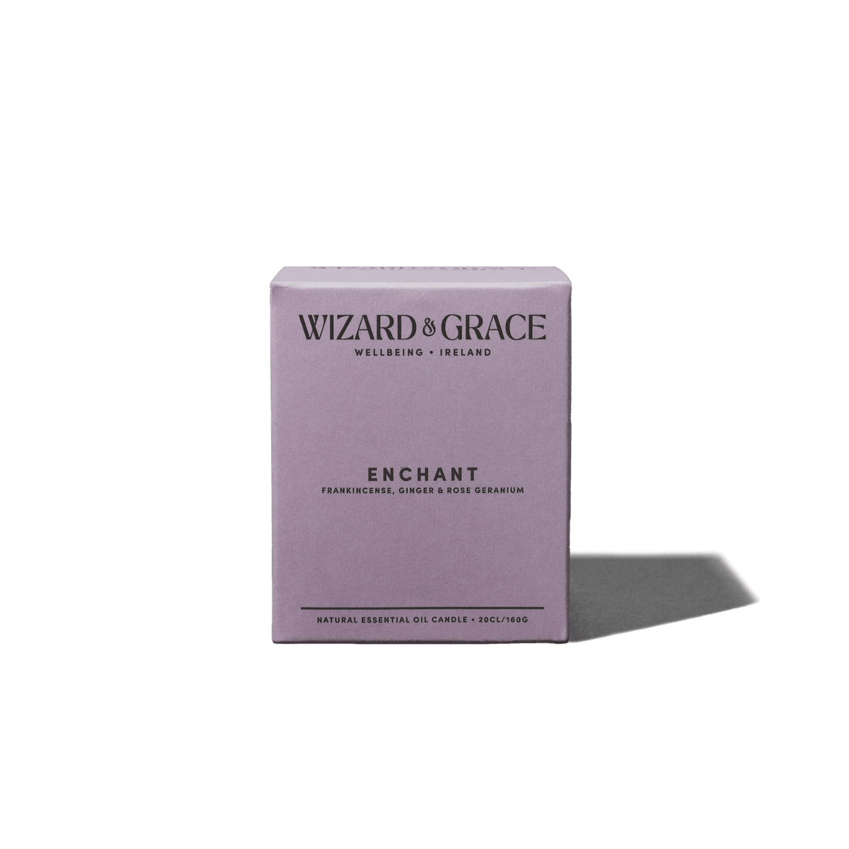 Enchant Essential Oil Candle (Draiocht) by Wizard & Grace, featuring a dark floral scent with Frankincense, Ginger, and Rose Geranium.