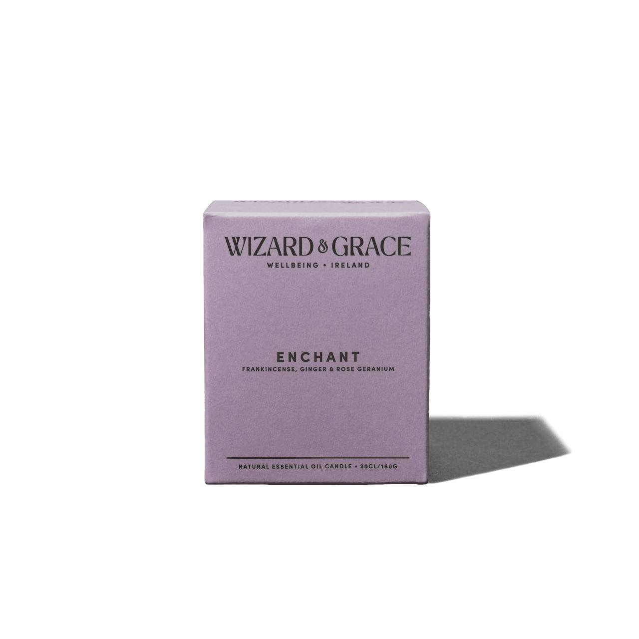 Enchant Essential Oil Candle (Draiocht) by Wizard & Grace, featuring a dark floral scent with Frankincense, Ginger, and Rose Geranium.