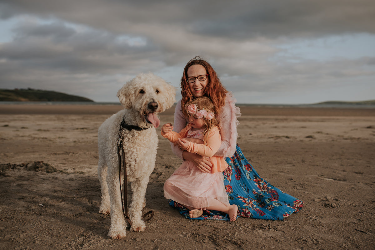 
Aobha Grace, Paula & Wizard at the Beach – the inspiration behind the company name, Wizard & Grace, honouring her doodle dog Wizard and her daughter’s middle name