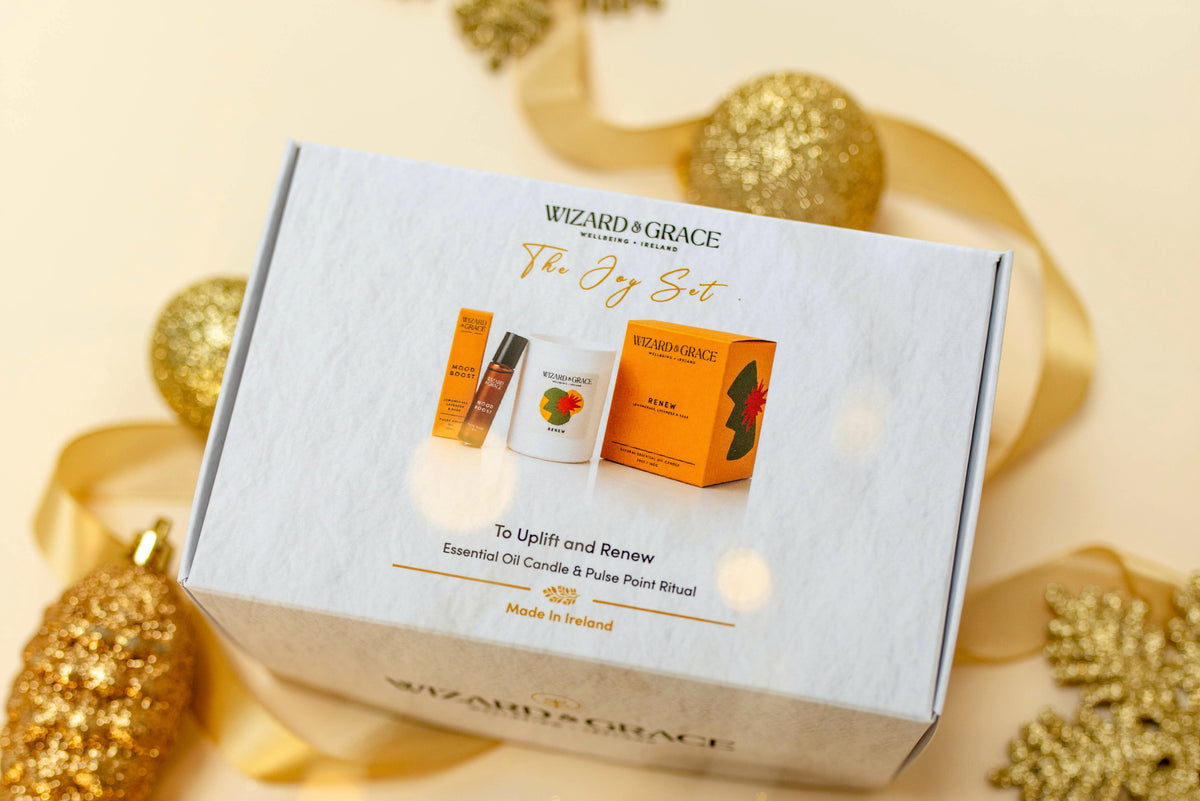 Wizard & Grace The Joy Gift Set contains the Wizard & Grace Renew Candle and Mood Boost Pulse Point oil