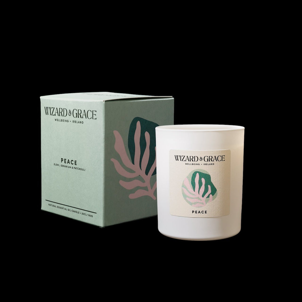 Peace Essential Oil Candle by Wizard &amp; Grace, featuring an earthy, meditative scent with woody base notes of Elemi, Geranium, and Patchouli