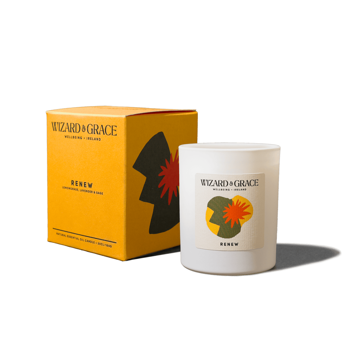 Renew Essential Oil Candle by Wizard &amp; Grace, featuring a lemongrass, lavender &amp; sage scent.